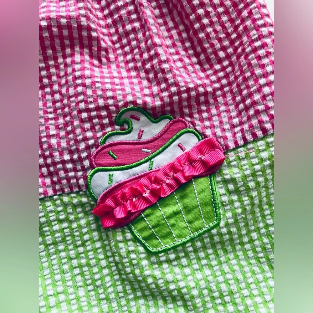 Vintage Emily Rose girls pink green seersucker gingham cupcake birthday dress 6